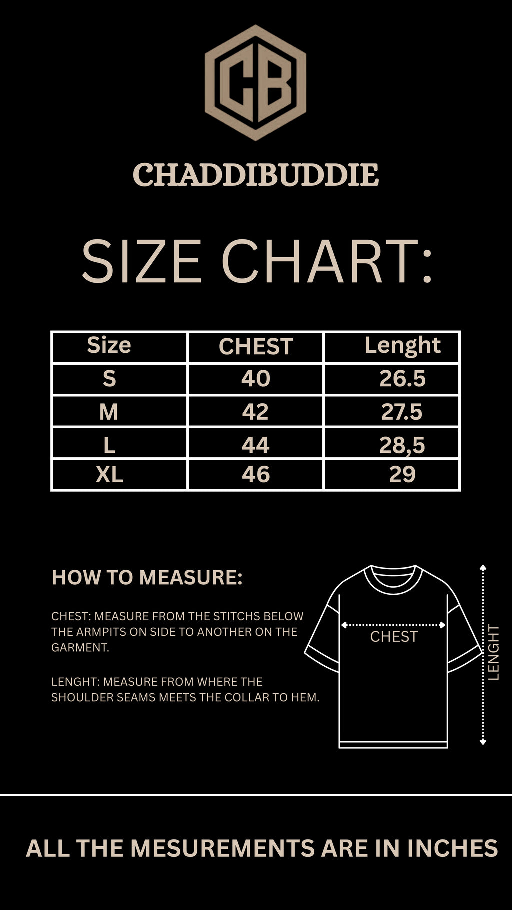 Chaddibuddie size chart for shirts on a black background
