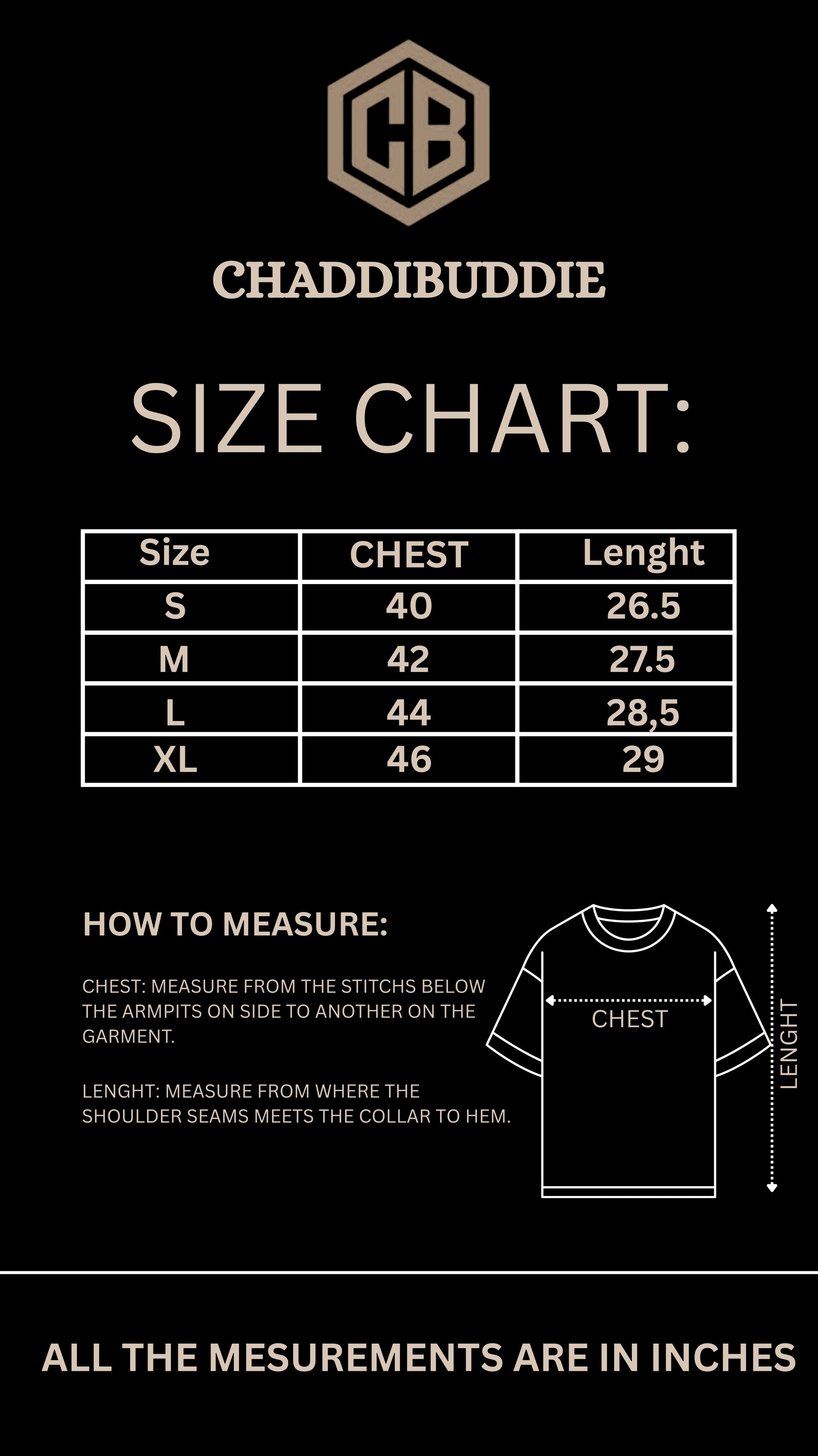 Chaddibuddie size chart for shirts on a black background
